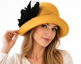 Yellow Wool Felt Cloche Hat, 1920s Vintage Inspired, Floral Detail, Spring Ascot Hat