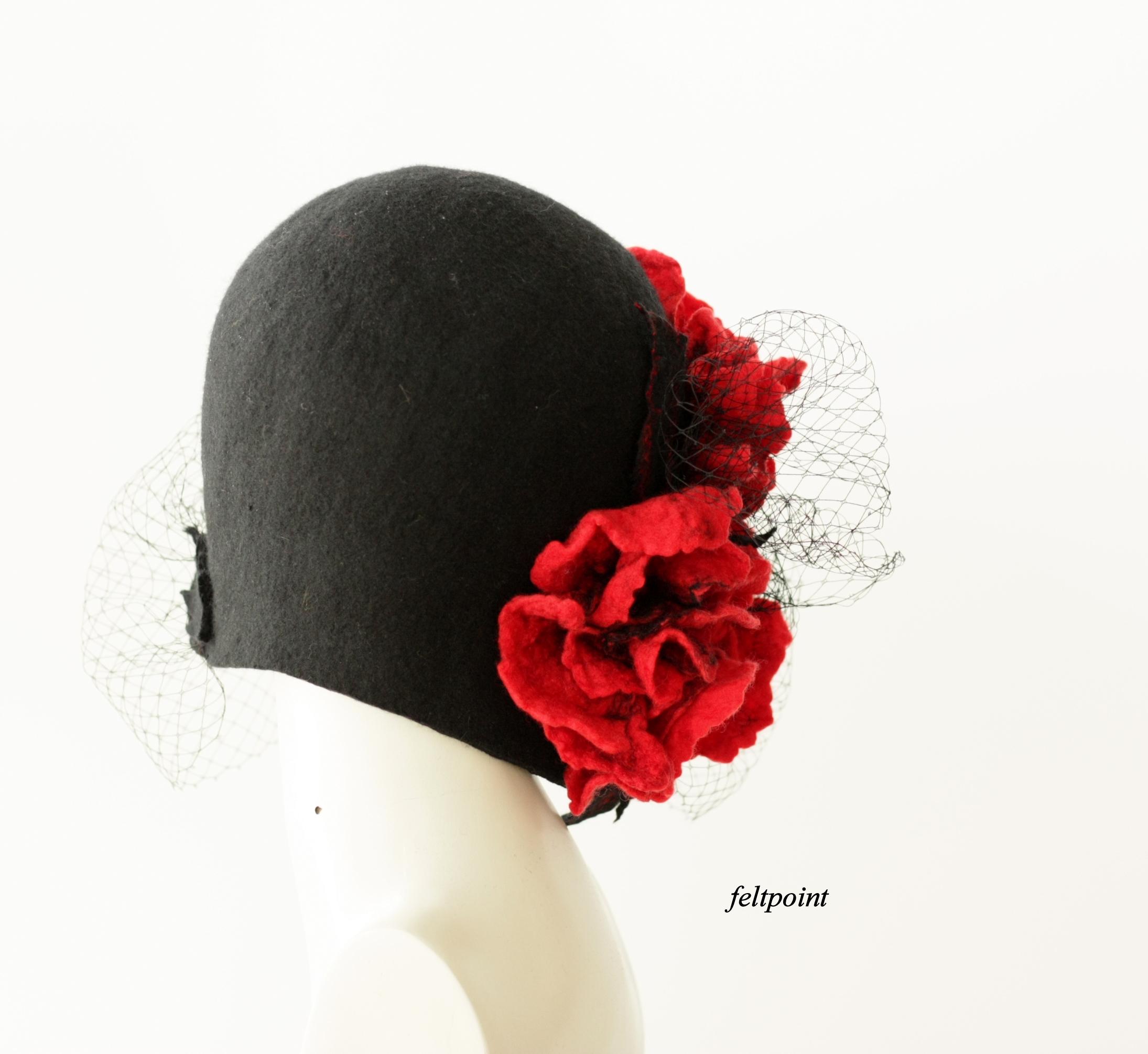 Black Felt Cloche Hat – Red Flowers & Veil, 1920s Style - Etsy