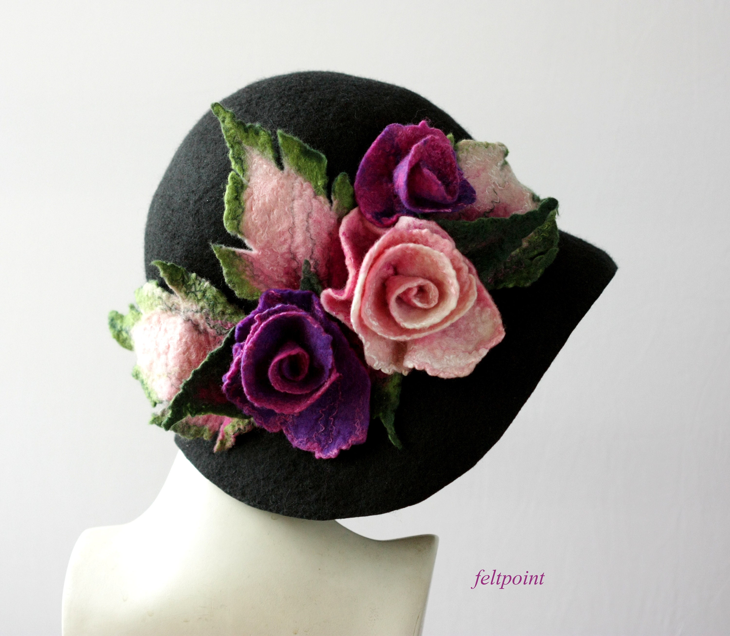 Black Wool Cloche Hat – Handmade Felt Flowers, Vintage Style 