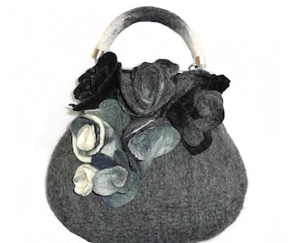 Felt bag  Felted bag  Accesories Grey White Roses Felt Handbag Bag Handmade flower purse Wool Merinowool Art Gift Purse Bags Felted bag