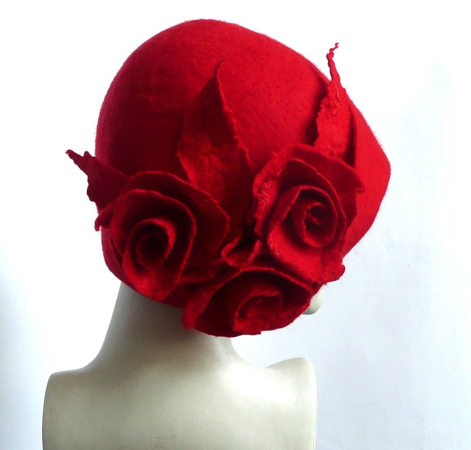 Salmagundi Boston Boutique Elegant Red Wool Felt Flower Hat 20s Inspired Cloche 1920s Style Cloche Hat in Red Wool With Oversize Rose | The  main image 4