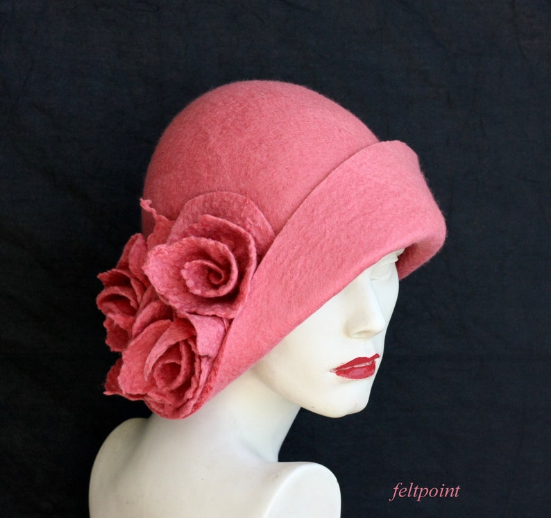 Dusky pink hat Felted hat felt hats Women's hat Cloche Hats felted hats 1920s hat Retro hat Pink Hat Victorian 1920's roses hats FELTPOINT image 2