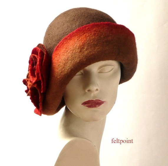 Handmade Brown Felted Cloche Hat: Victorian Wool, Art Deco  display picture 3