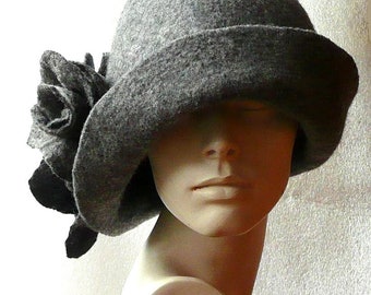 Handmade Grey Felted Cloche Hat: 1920s Style with Rose