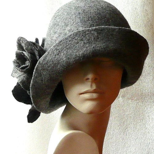 Hand Felted Wool Cloche Hat Regine’s Holiday Valley Fibers Artisan Gray Winter Handmade Grey Felted Cloche Hat: 1920s Style With Rose - Etsy main image 3