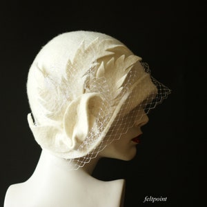 Wedding hat. Veiling hat. White cloche hat with veil image 2