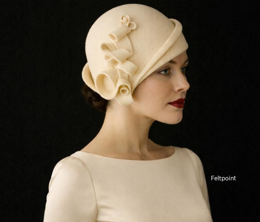Cream Felt Cloche Hat With Sculptural Bow – 1920s Style Art  display picture 3