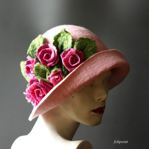 Handmade Pink Felt Cloche Hat, Floral Art Deco Style - Etsy