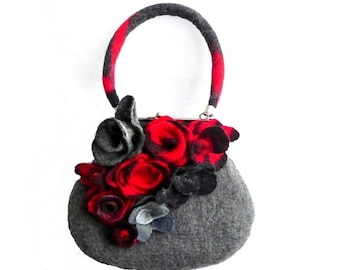 Felted bagfelted purse Felt bag shoulder bag Bags&Purses  Handbags Bags Grey Red Roses  Gift Shoulder Bags