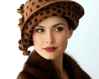 Brown Polka Dot Cloche Hat – Handmade Wool Felt Vintage Style