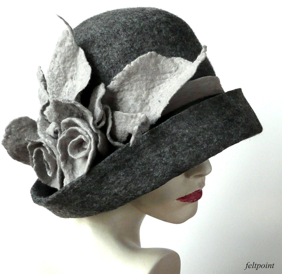 Grey Felted Hat Felt Hat Cloche Hat 