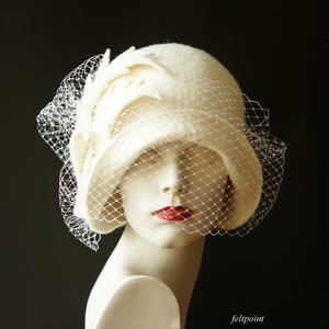 Wedding hat. Veiling hat. White cloche hat with veil image 3