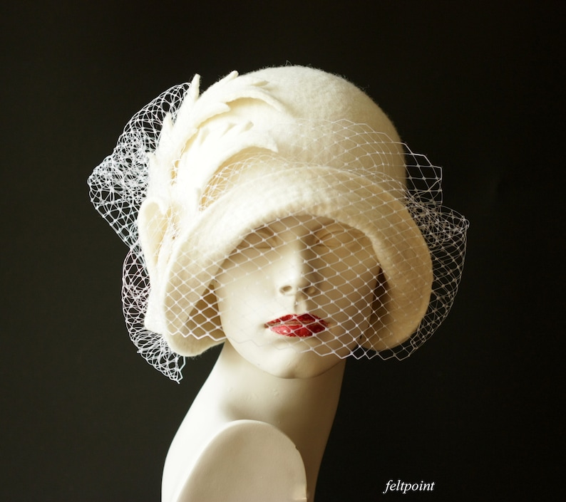 Wedding hat. Veiling hat. White cloche hat with veil image 3