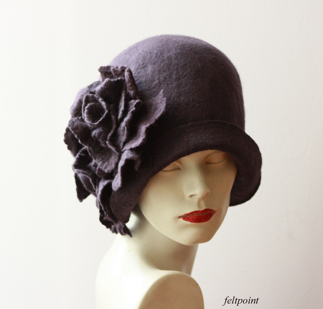 Wool Hats Purple Cloche Hat Flapper Blue Hat Felt Hat Cloche  display picture 3