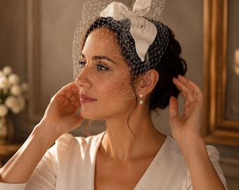 Ivory Birdcage Veil Bridal Fascinator – Felt Wedding Headpiece – Modern Bride Hair Accessory