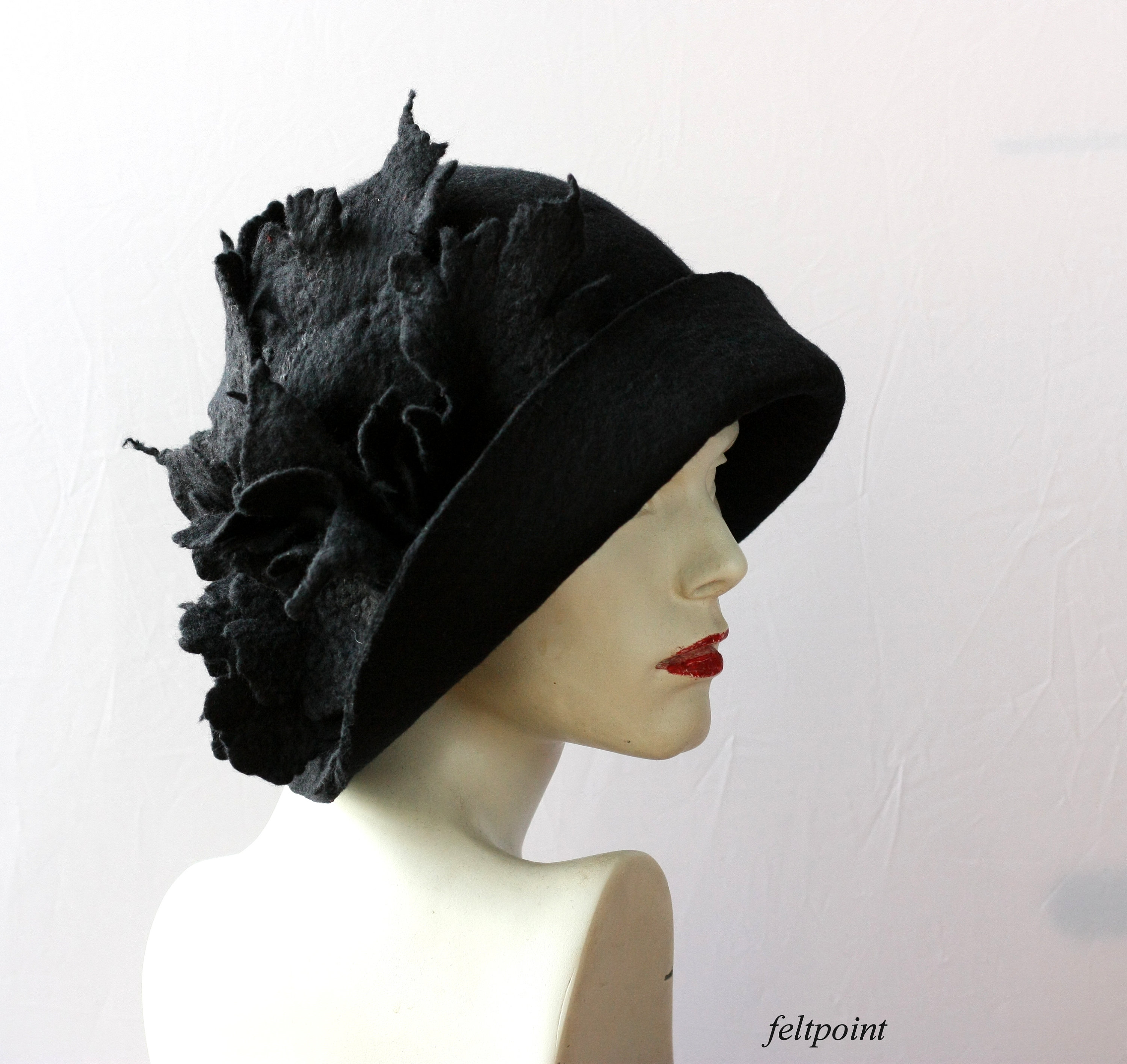 Black Cloche Hat Women Elegant – Luxury Wool Felt Hat, Funeral Hat ...