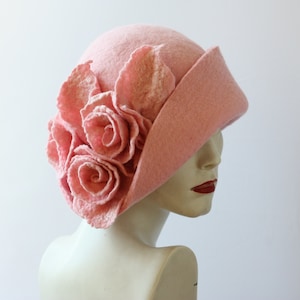 Pink Felt Cloche Hat with Roses, Handmade Merino Wool