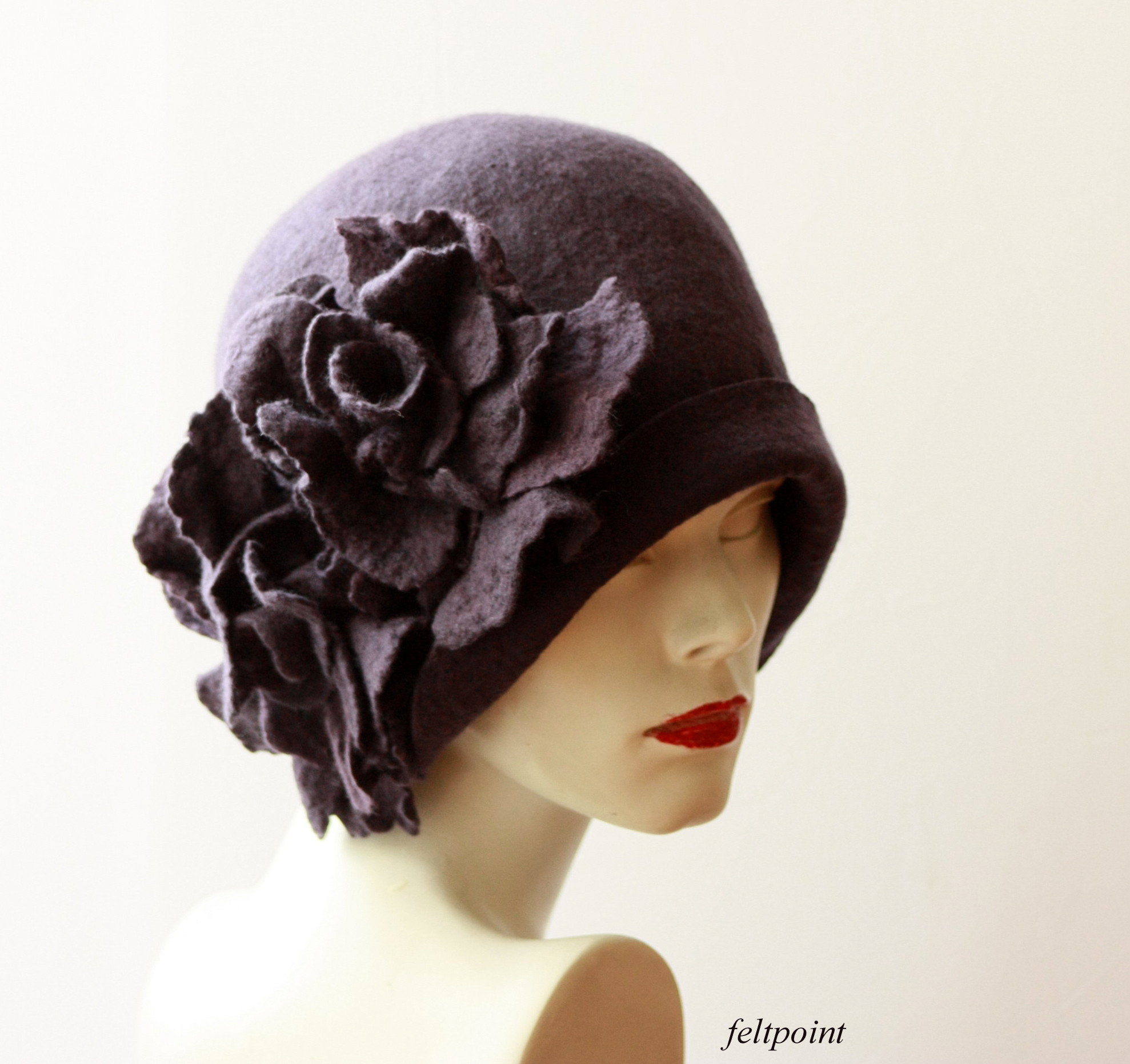 Eggplant Cloche Hat With Rose, Handmade Felted Wool, 1920s  display picture 1