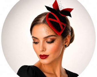 BLACK RED Fascinator Hat, Gothic Fascinator, Birdcage Veil Headpiece, Kentucky Derby Hat, Ascot Fascinator, Cocktail Hat Women
