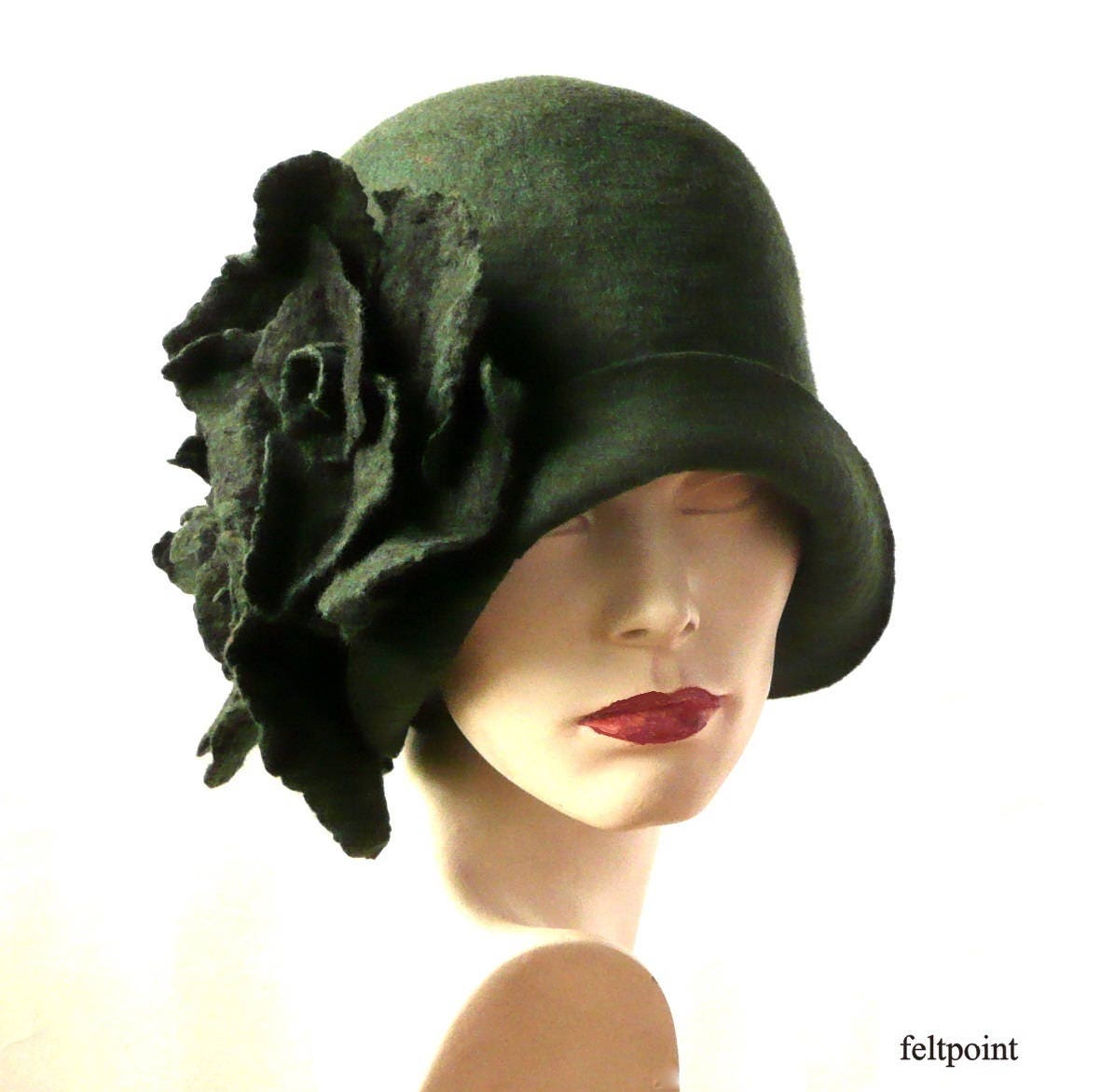 Louise Green Hat Vintage Felt Black FANCY Flowers Women's Ladies