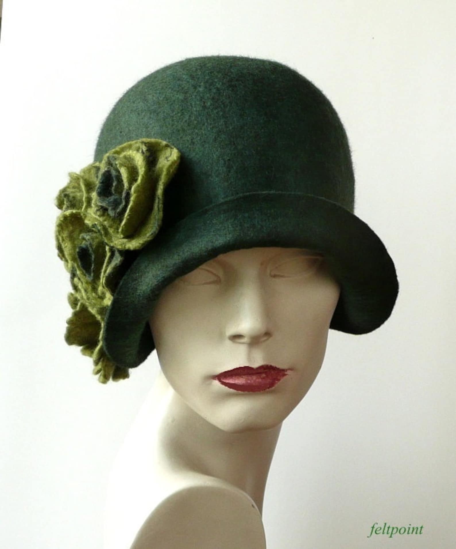 Green Felt Hat Felted Hat Green Hat Felt Hats Cloche Hat Etsy