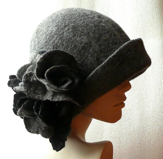 Handmade Grey Felted Cloche Hat: 1920s Style With Rose - Etsy display picture 1