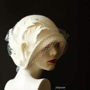 Wedding hat. Veiling hat. White cloche hat with veil image 9