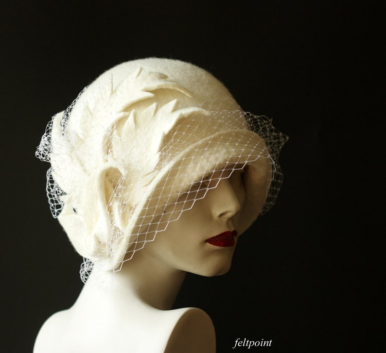 Wedding hat. Veiling hat. White cloche hat with veil image 9