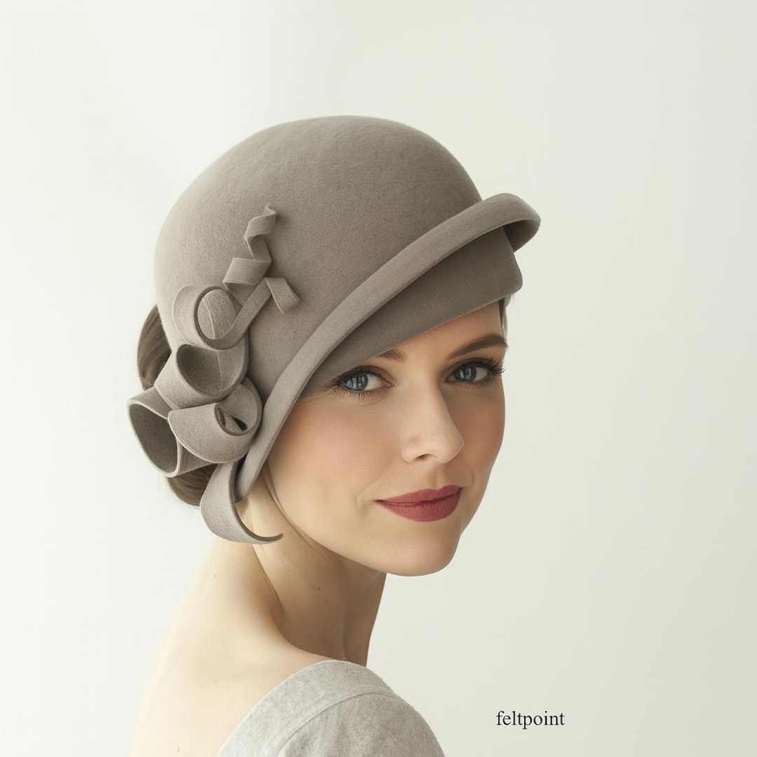 Tinatoon Lancaster Woolfelt 100% Wool Grey Cloche Hat with Feather. 23S-0826 Wool Felt Cloche Hat with fur/button accent - Shihreen main image 2
