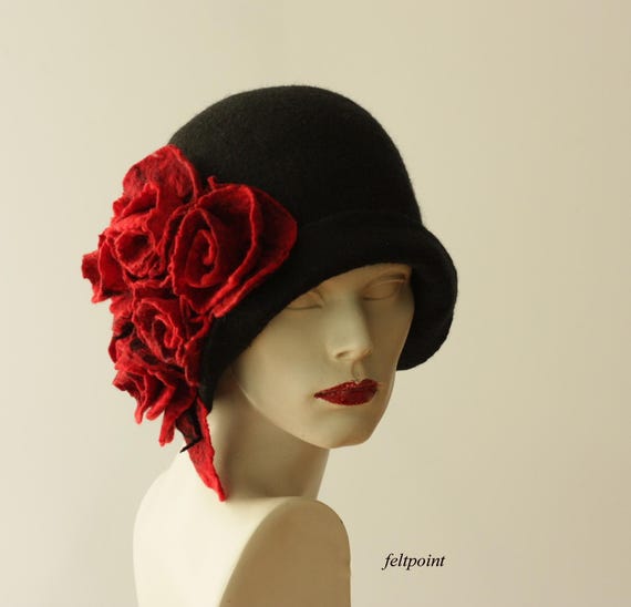 Black Felt Cloche Hat With Red Roses, Handmade Merino Wool 