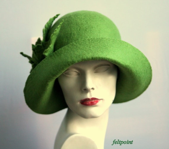Green Hat, Millinery Hat, Felt Hat, Felted Hats,hat, 1920 Hat, Art