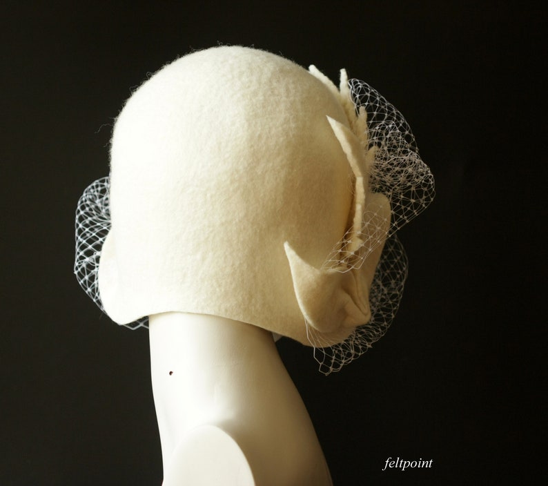 Wedding hat. Veiling hat. White cloche hat with veil image 8