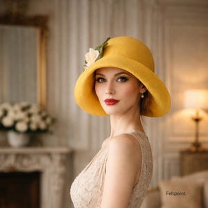 Handcrafted Yellow Felt Cloche Hat: Art Deco Victorian Style