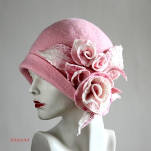 Cloche hat Felt hat Felted Hats flower hat felt hats Cloche Hat Flapper 1920 Hat Art Hat Cloche 1920's pink hat cloche hats roses