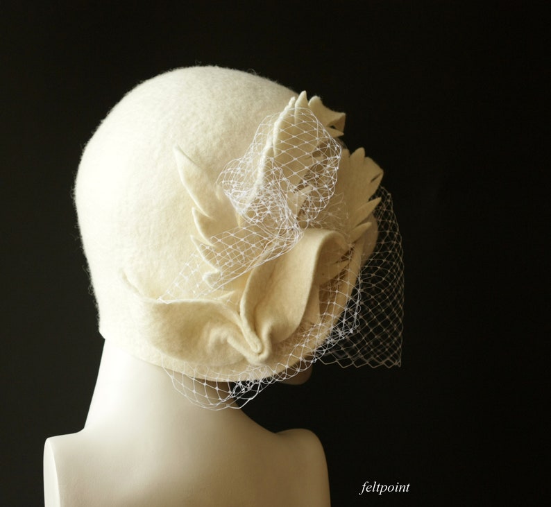 Wedding hat. Veiling hat. White cloche hat with veil image 7