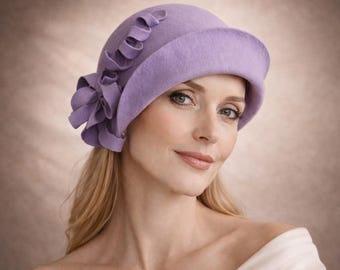Lavender Wool Felt Cloche Hat – 1920s Style Ascot Headwear