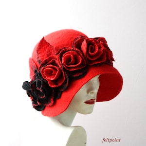 Red hat, Red felted hat felt hats Women&#39;s  hat Cloche Hats felted hats, 1920s hat Retro hat,  Victorian hat, Gatsby hat, Miss Fisher hat