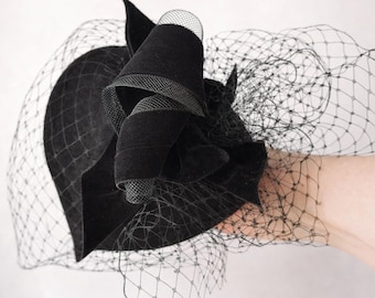 Black Fascinator Hat with Veil, Wedding Guest Hat, Ascot Headpiece, OOAK Handmade