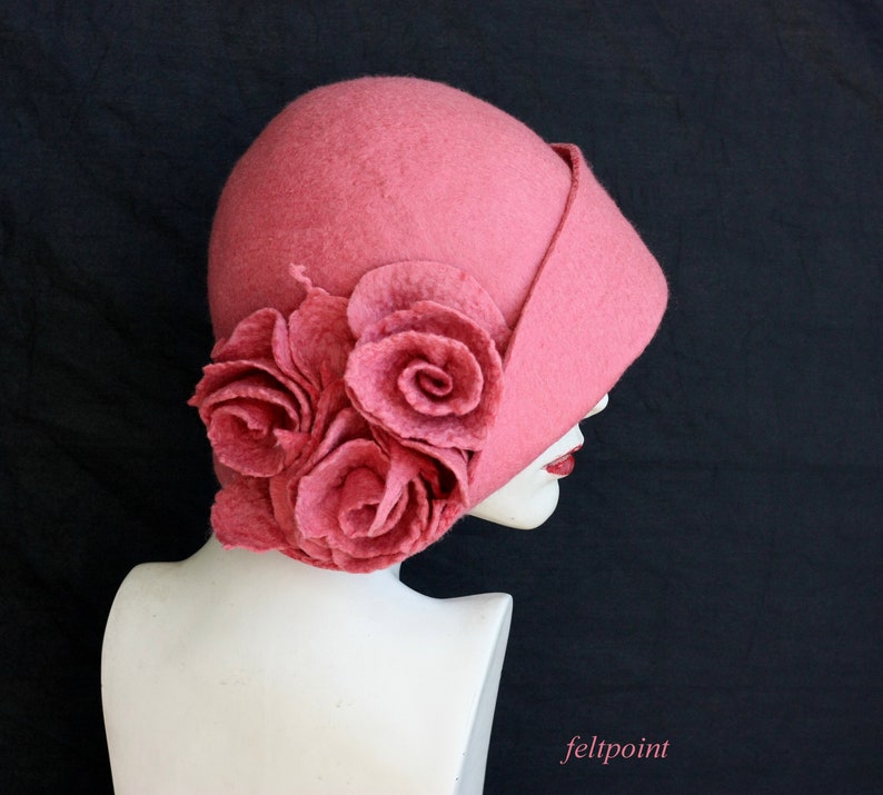 Dusky pink hat Felted hat felt hats Women's hat Cloche Hats felted hats 1920s hat Retro hat Pink Hat Victorian 1920's roses hats FELTPOINT image 3