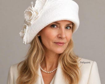 Ivory Felt Cloche Hat for Women Elegant Wedding Guest Bridal Ascot Derby Church Style