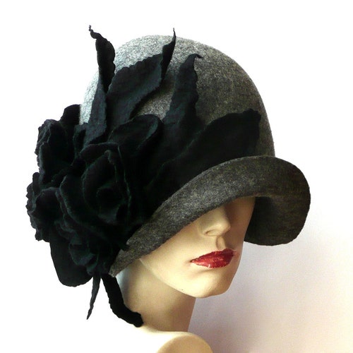 Black Felt Hat Felted Hat Cloche Hat Fapper 1920 Hat Art Gray - Etsy