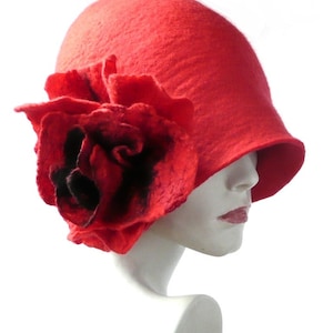 Red Felt Hat felted hat Cloche Hat Flapper 1920 Hat Art Red Hat Cloche Victorian 1920&#39;s  Wool Women&#39;s hats Poppy flower hat womens hat