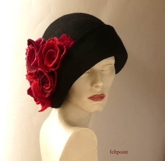 Miss Fitt Felted Black Wool Cloche Hat with Pink Felt Flowers Irene Cloche - Vintage Ladies Hat — Miss Fitt & Co. ~ Moss Fête main image 2