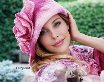 Cappello cloche in feltro rosa, cappello per invitati a matrimoni, elegante cappello floreale, cappello primaverile da donna, cappello per corse ippiche, cappello per derby, stile vintage anni '20, feltro a punta