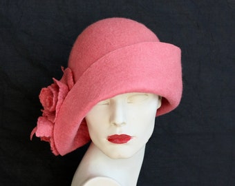 Dusky pink hat Felted hat felt hats Women&#39;s  hat Cloche Hats felted hats 1920s hat Retro hat Pink  Hat Victorian 1920&#39;s roses hats FELTPOINT
