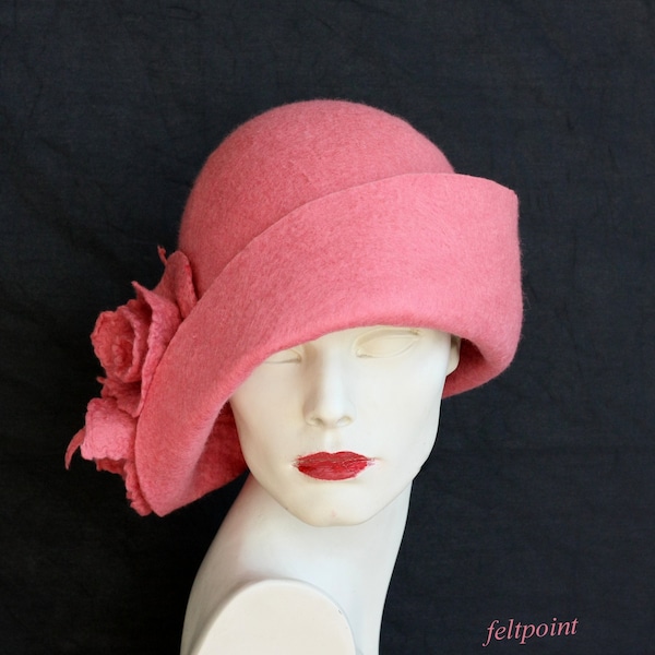 Dusky pink hat Felted hat felt hats Women's  hat Cloche Hats felted hats 1920s hat Retro hat Pink  Hat Victorian 1920's roses hats FELTPOINT