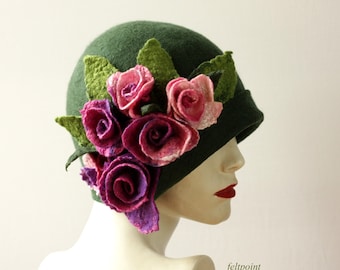 Handmade Felted Cloche Hat, Dark Green with Pink Roses, Art Deco