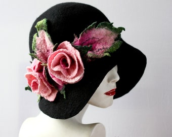 Black Felted Cloche Hat, Handmade Merino Wool, 1920s Style
