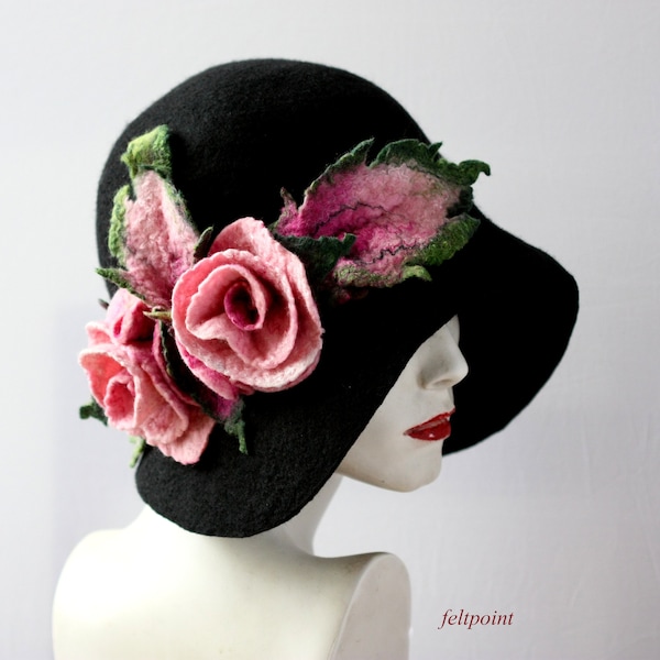 Black cloche hat  Felted hat felt hats Womens hat Cloche Hats felted hats, Art Deco Retro hat Victorian hat, Gatsby hat, Miss Fisher hat