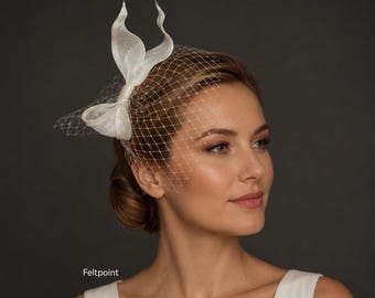 Ivory Sinamay Bridal Fascinator – Birdcage Veil Wedding Headpiece (Headband/Clip/Comb)